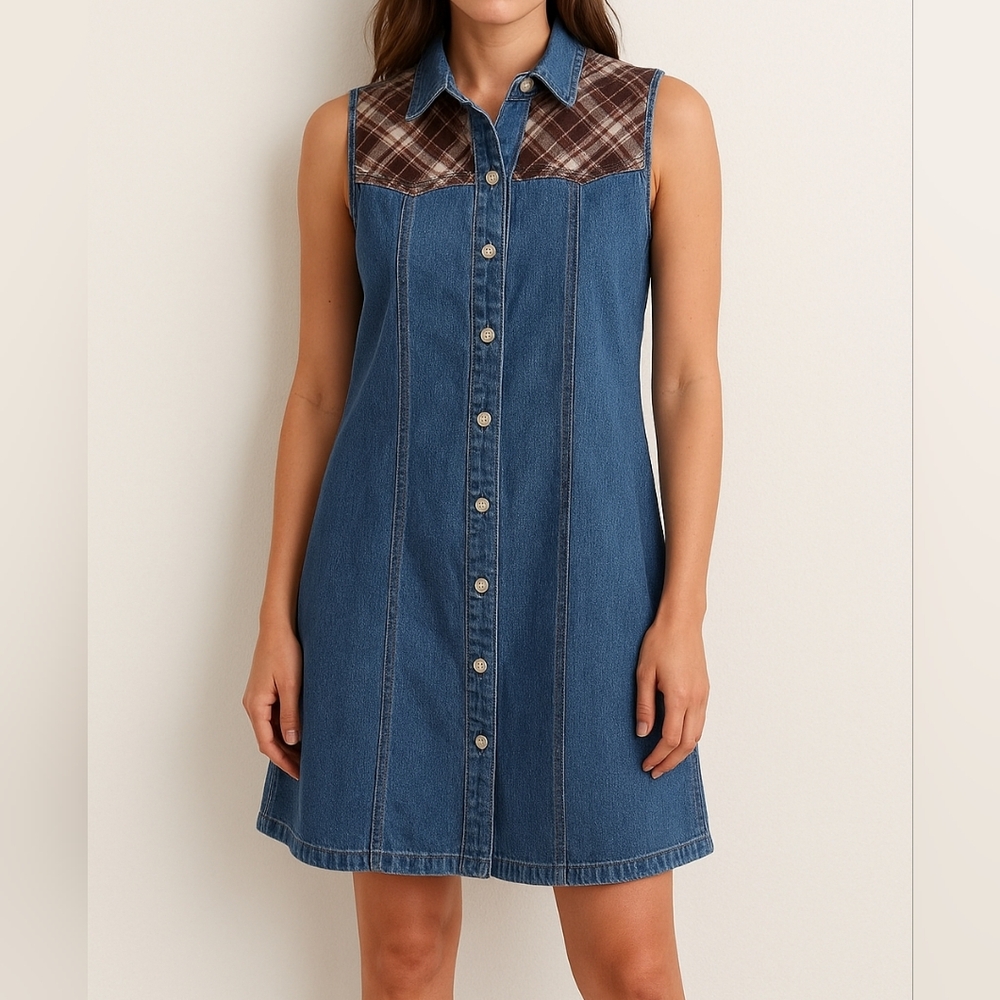 Boho Retro Western Cow Girl Denim Shirt Dress Button Front Plaid Accent Size S